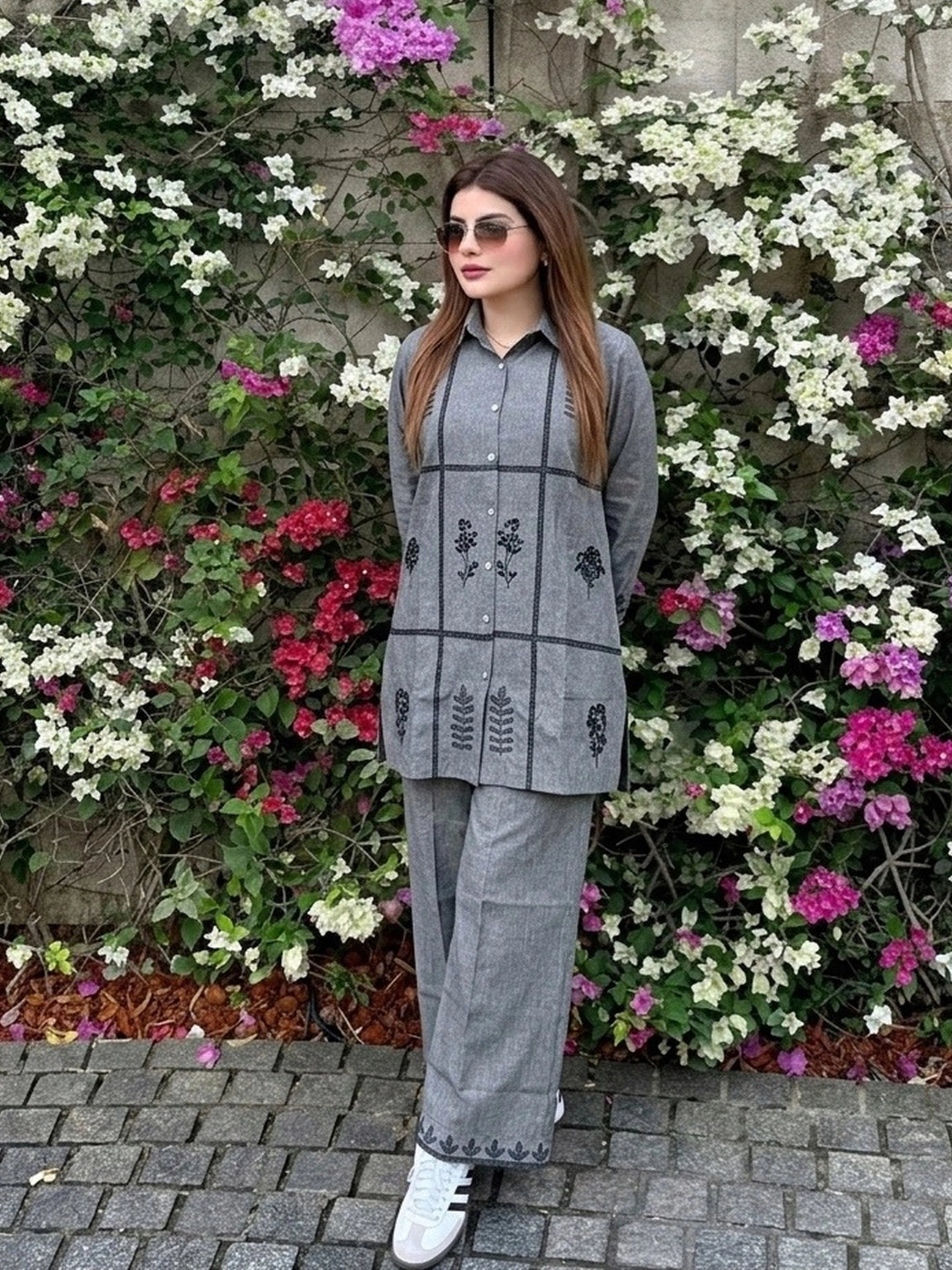 Grey Geometric Floral Co-Ord Set