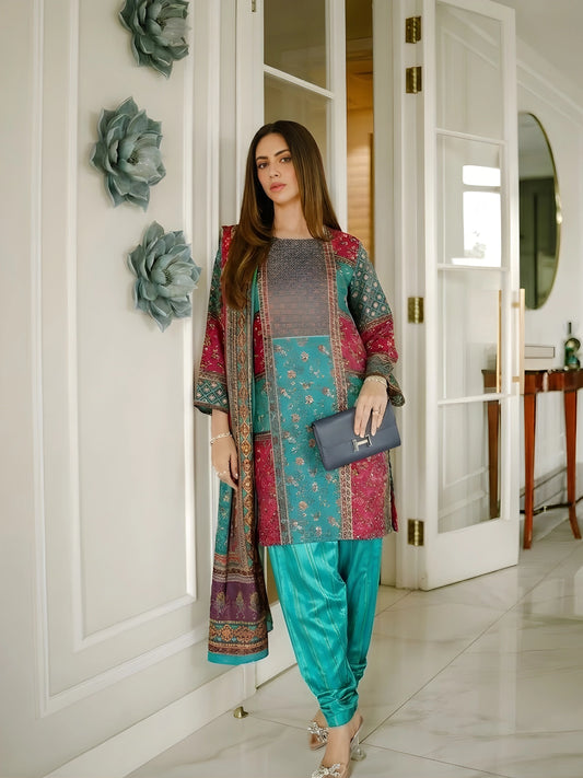 Vibrant Teal and Magenta Printed 3-Piece Kurta Set