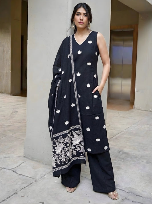 Black Lotus Embroidered Kurta Pant Set with Dupatta