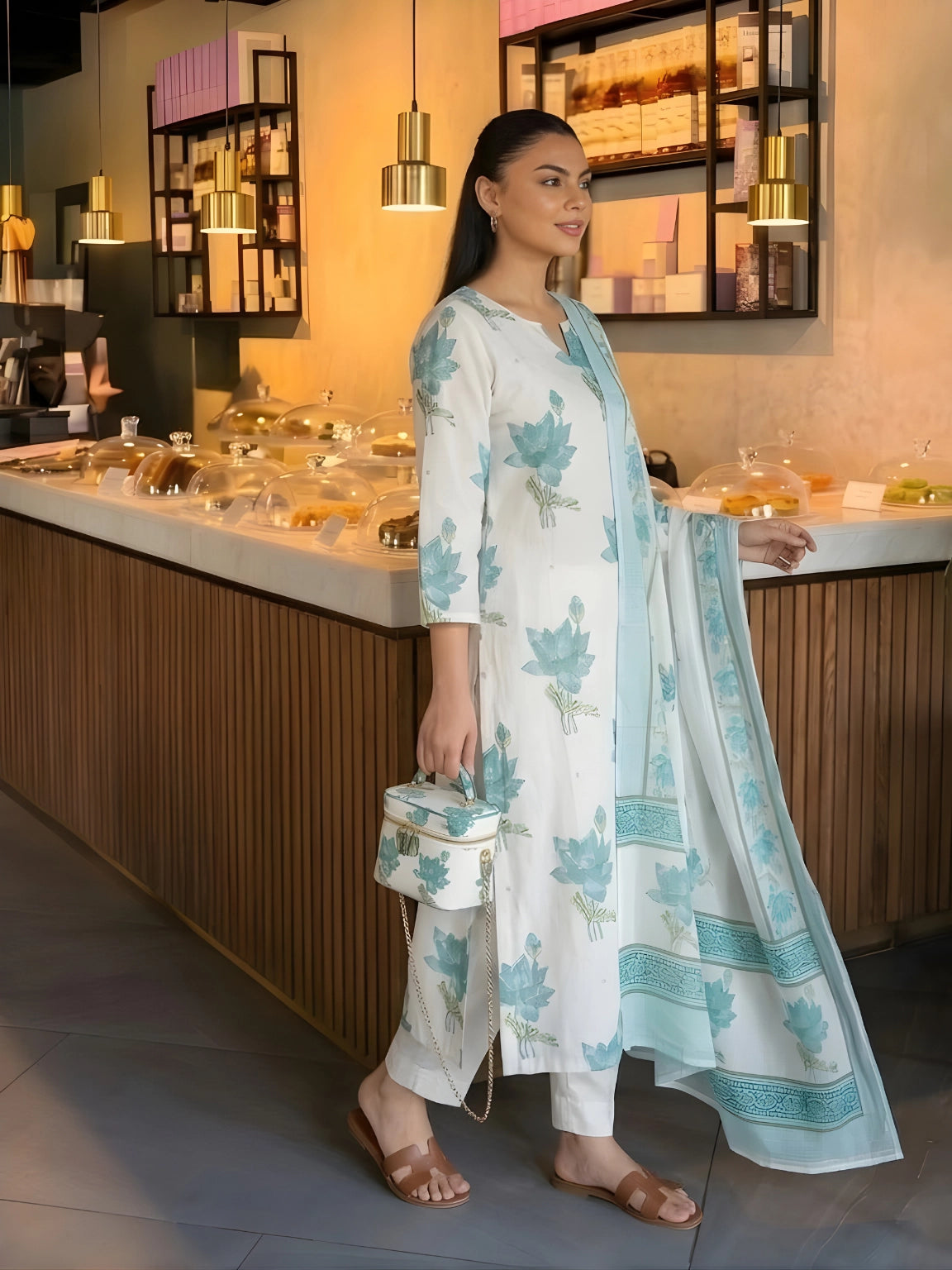Seafoam Blue Floral Printed Kurta Set