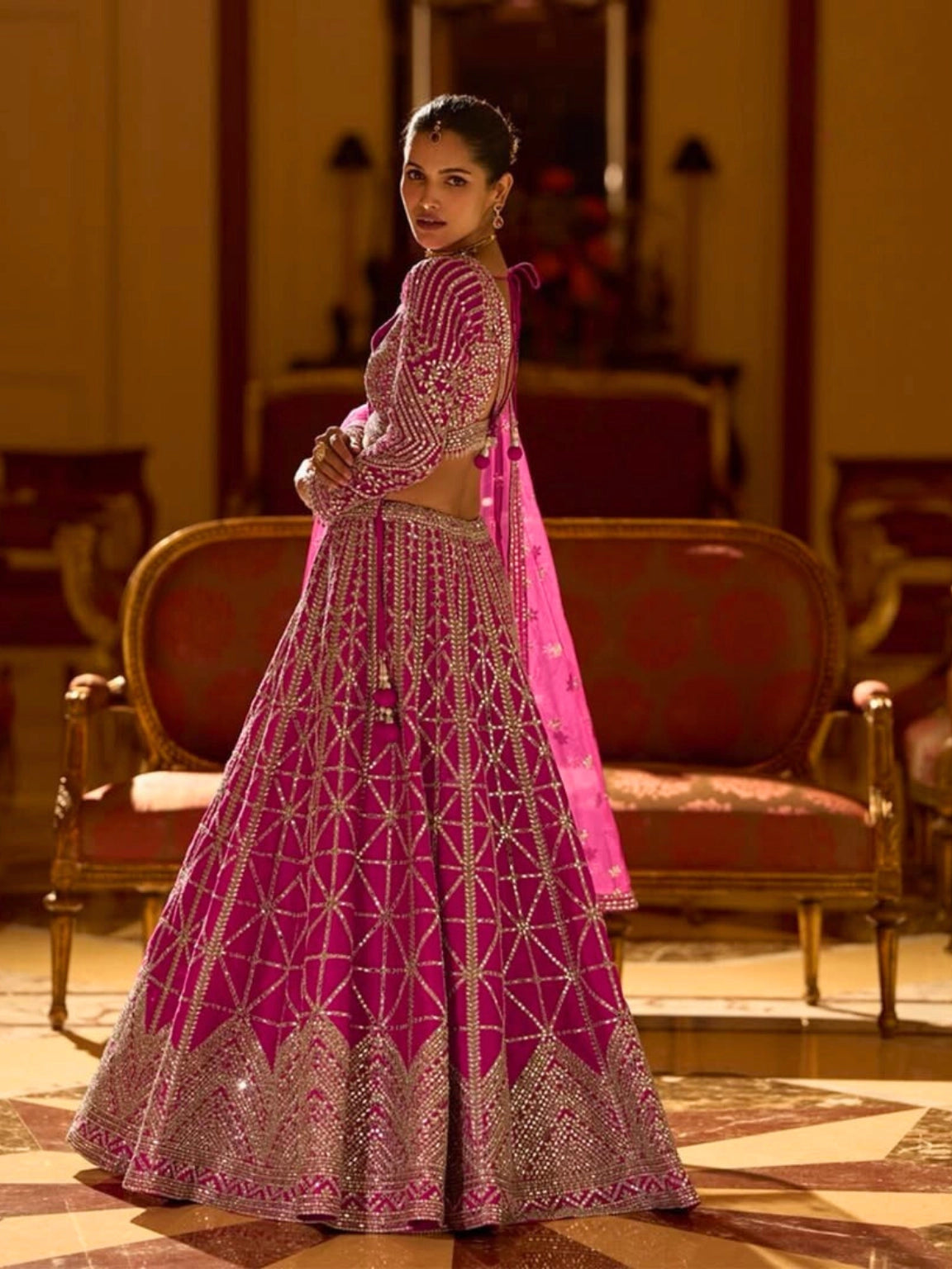 Rani Pink Hand-Embellished Mirror Work Lehenga Set