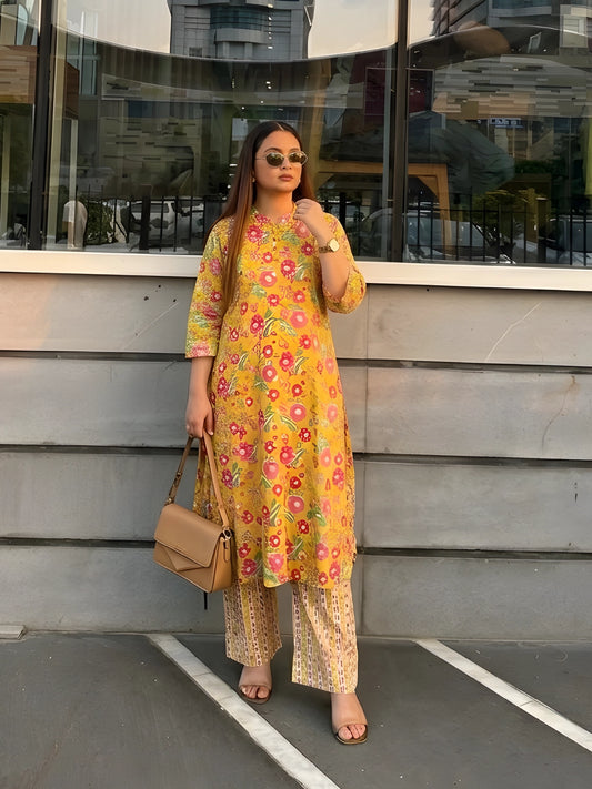 Sunlit Yellow Floral Kurta Pant Set
