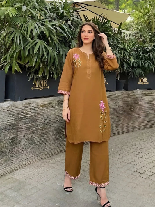 Ochre Brown Embroidered Kurta Pant Set