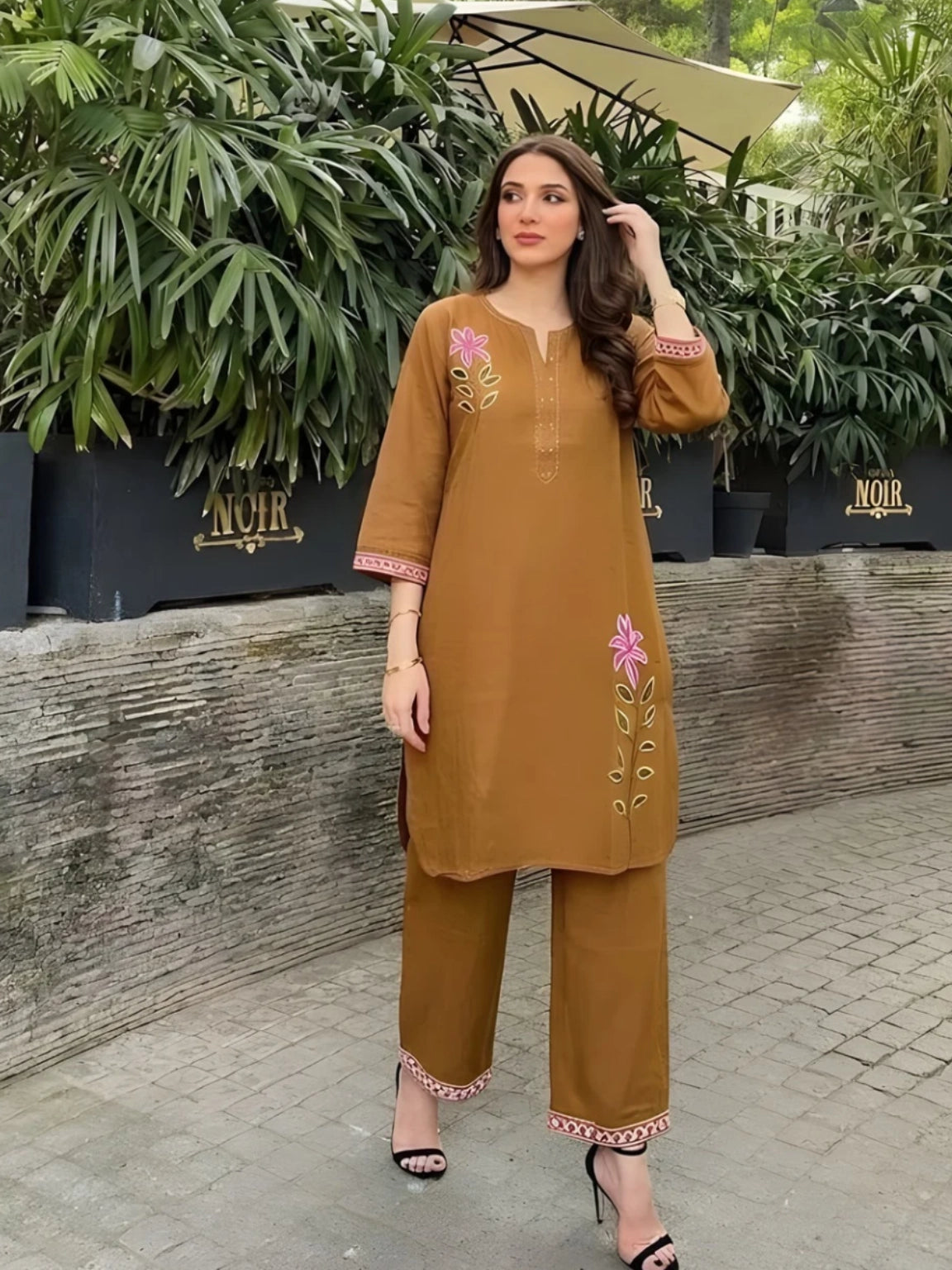 Ochre Brown Embroidered Kurta Pant Set