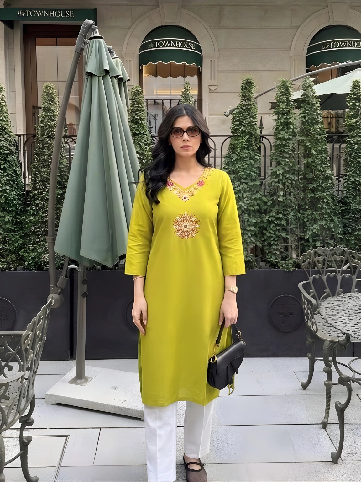 Chartreuse Embellished V-Neck Kurta