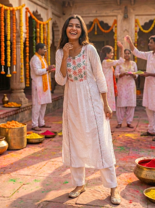 White Embroidered Cotton Kurta Set