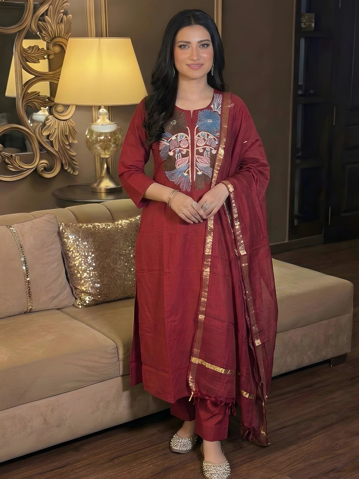 Maroon Embroidered Ethnic Set with Tissue Dupatta