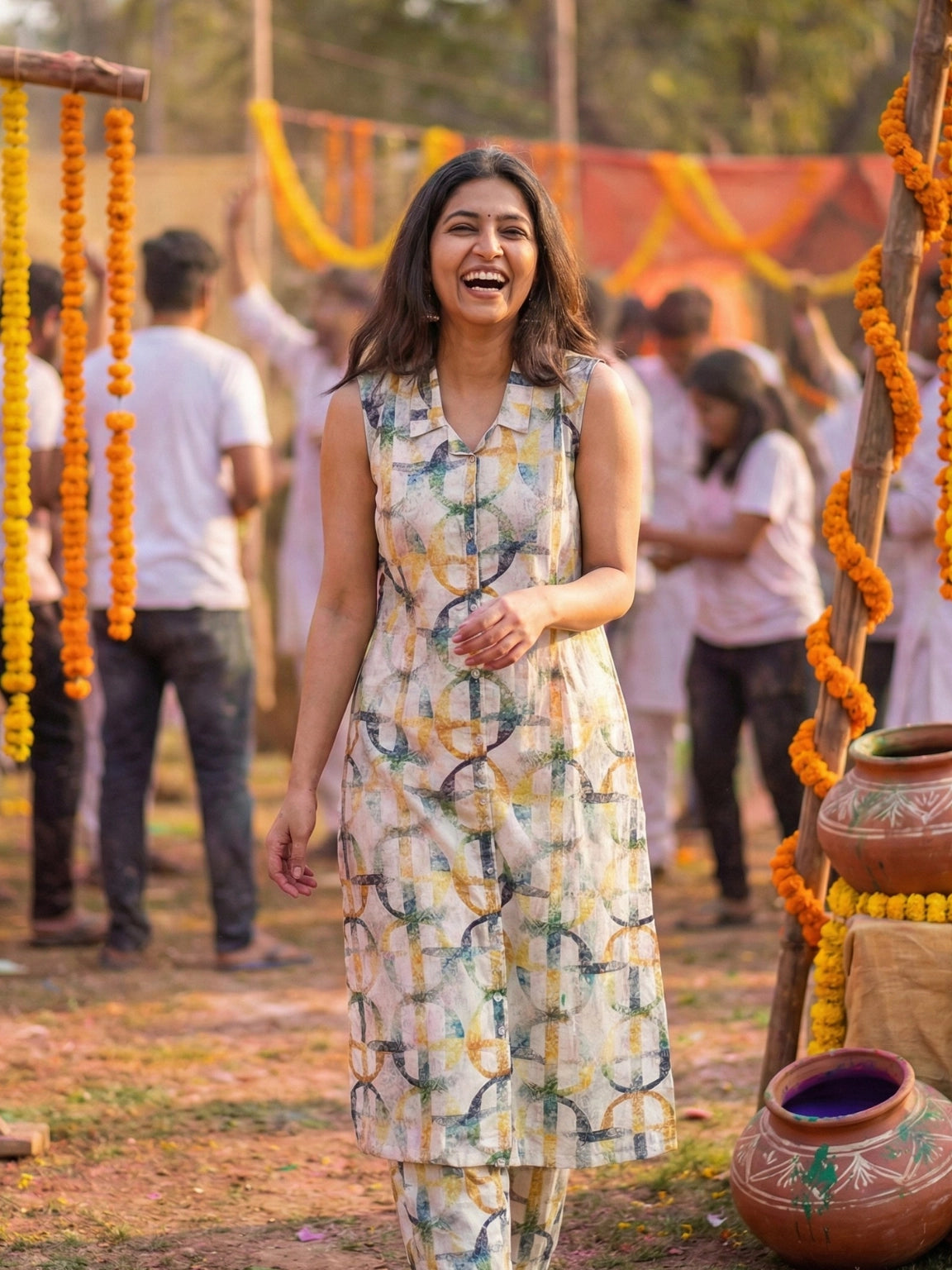 Multicolor Printed Sleeveless Kurta Set