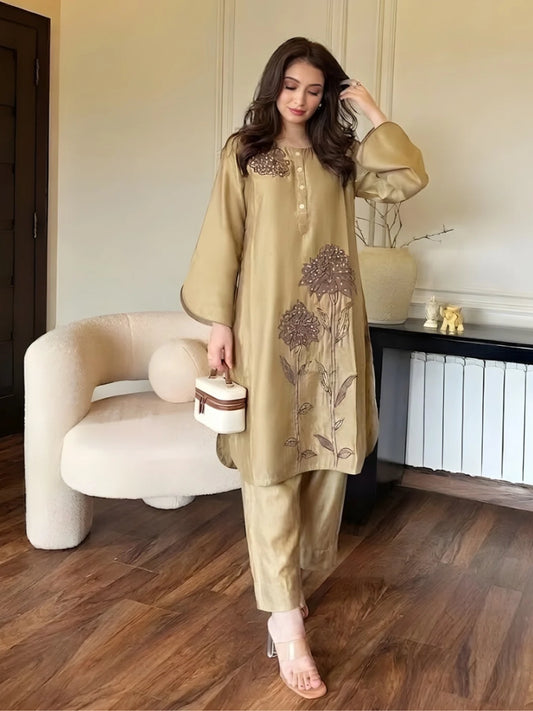 Antique Gold Floral Embroidered Co-Ord Set