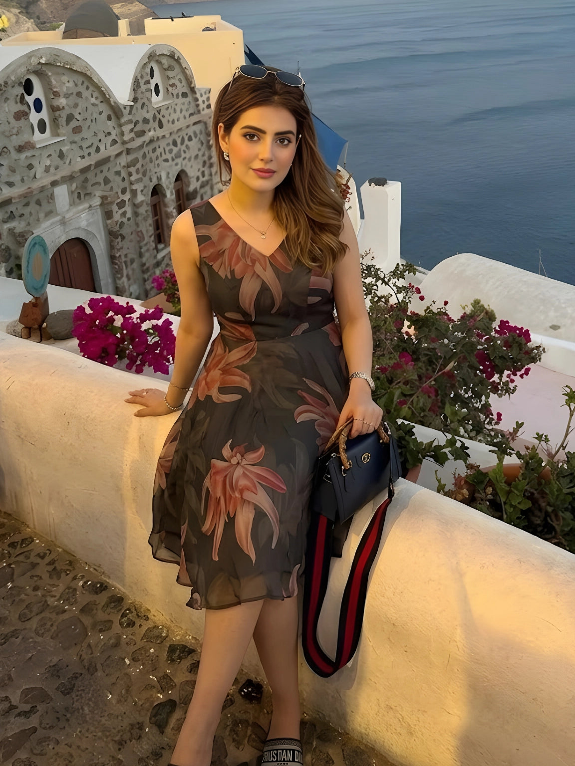 Charcoal Grey Floral Sleeveless Dress