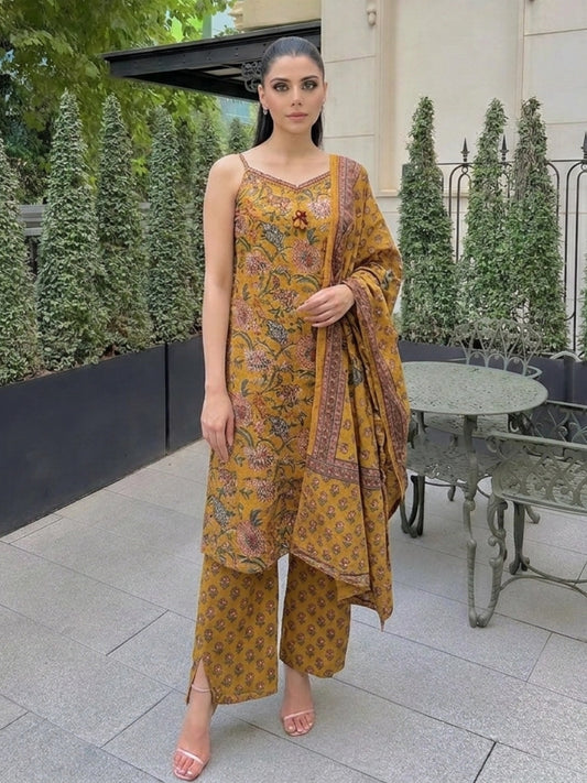 Mustard Floral Print Strappy Kurta Set with Dupatta