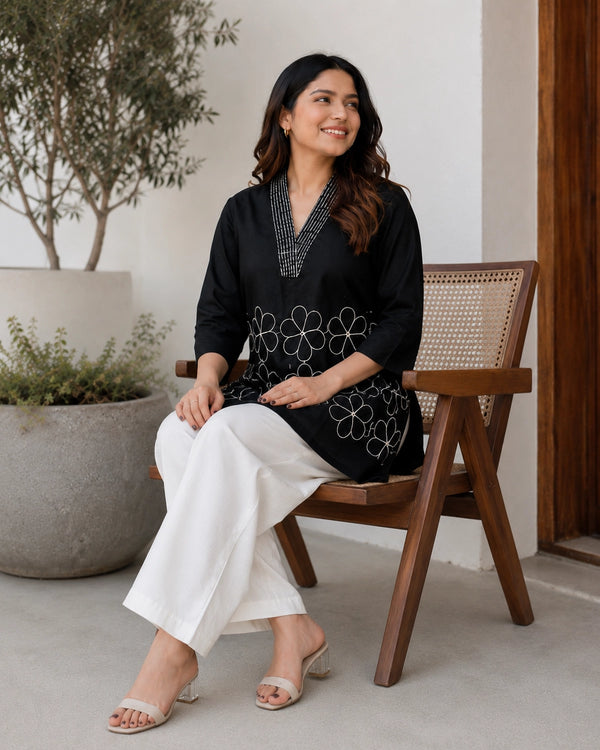 Embroidered V-Neck Three-Quarter Sleeve Cotton Kurti