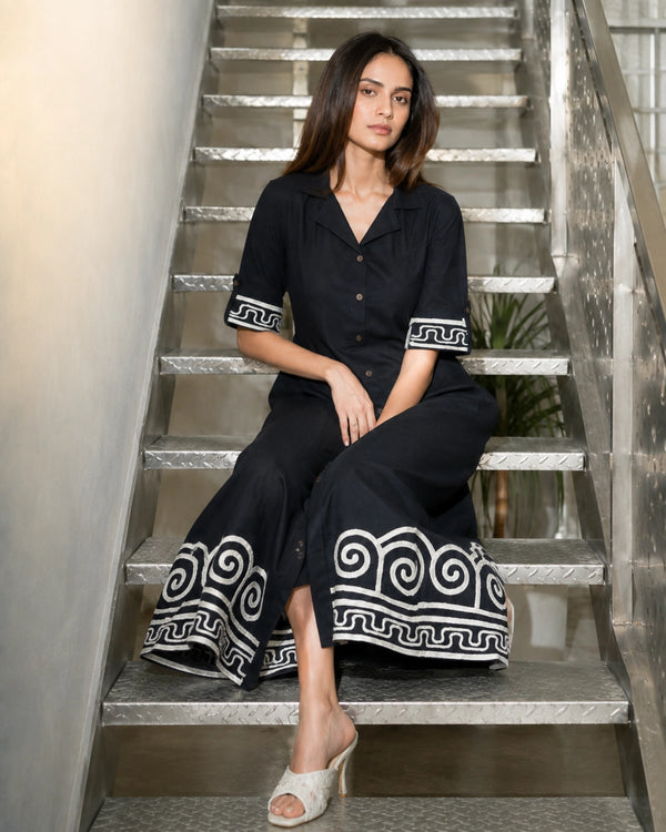 Spiral Border Print Collared Cotton Midi Shirt Dress