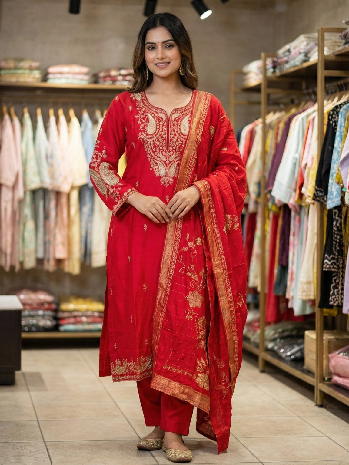 Elegant Ruby Red Embroidered Silk Kurta Set