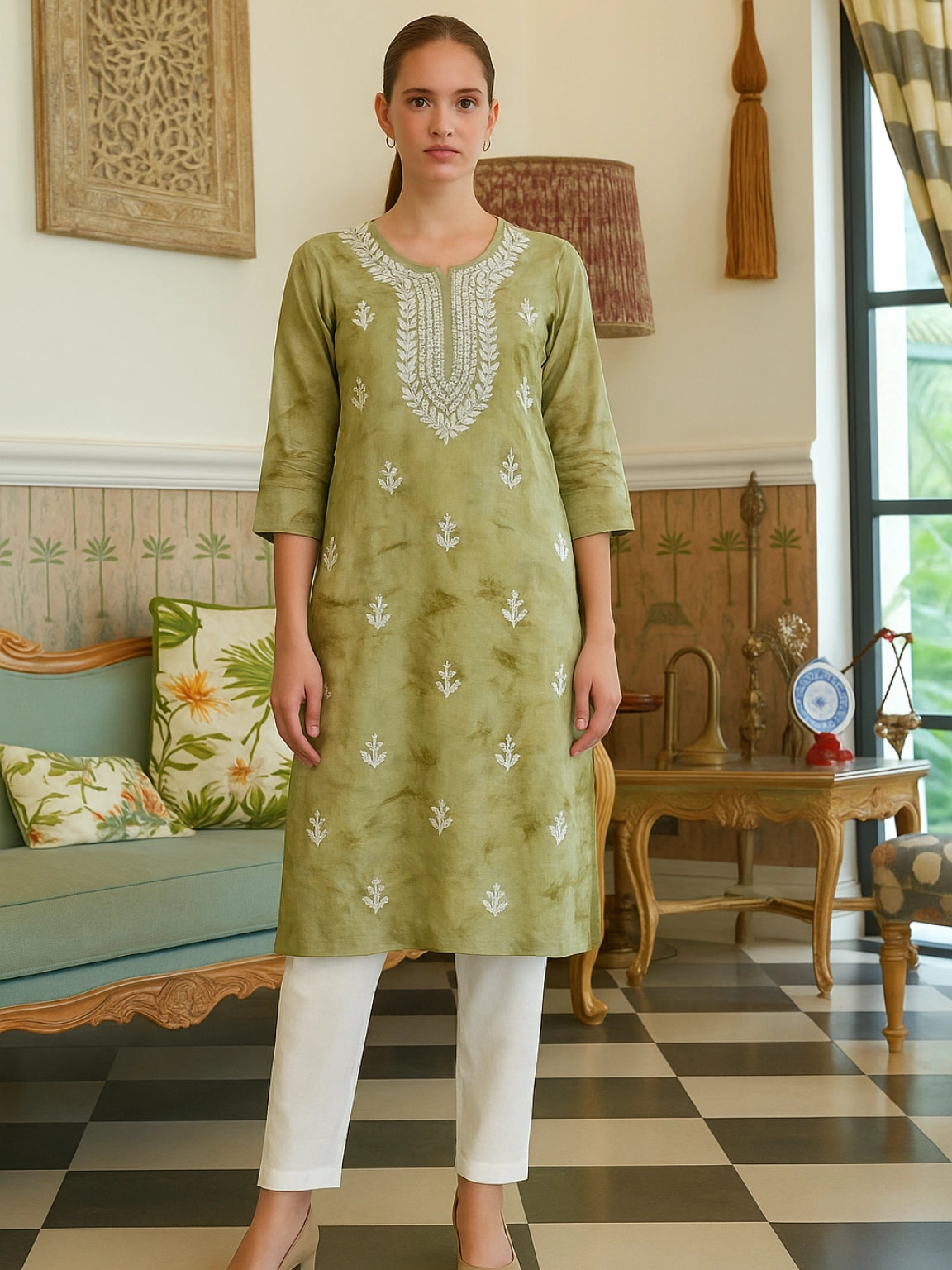 Olive Green Embroidered Kurta Pant Set