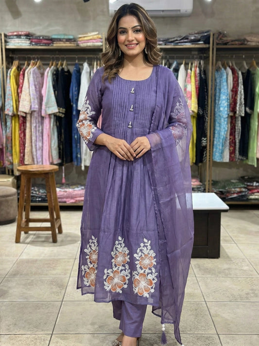 Lavender Floral Embroidered Kurta Set