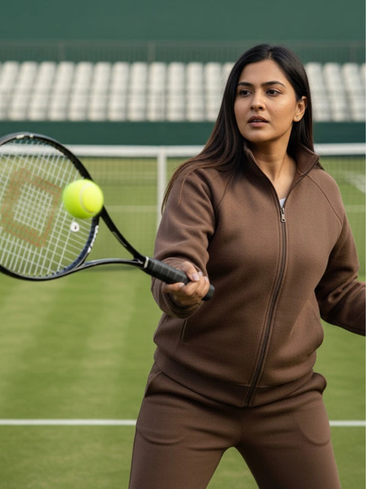 Brown Zip-Up Jacket and Wide-Leg Pants Co-ord Set