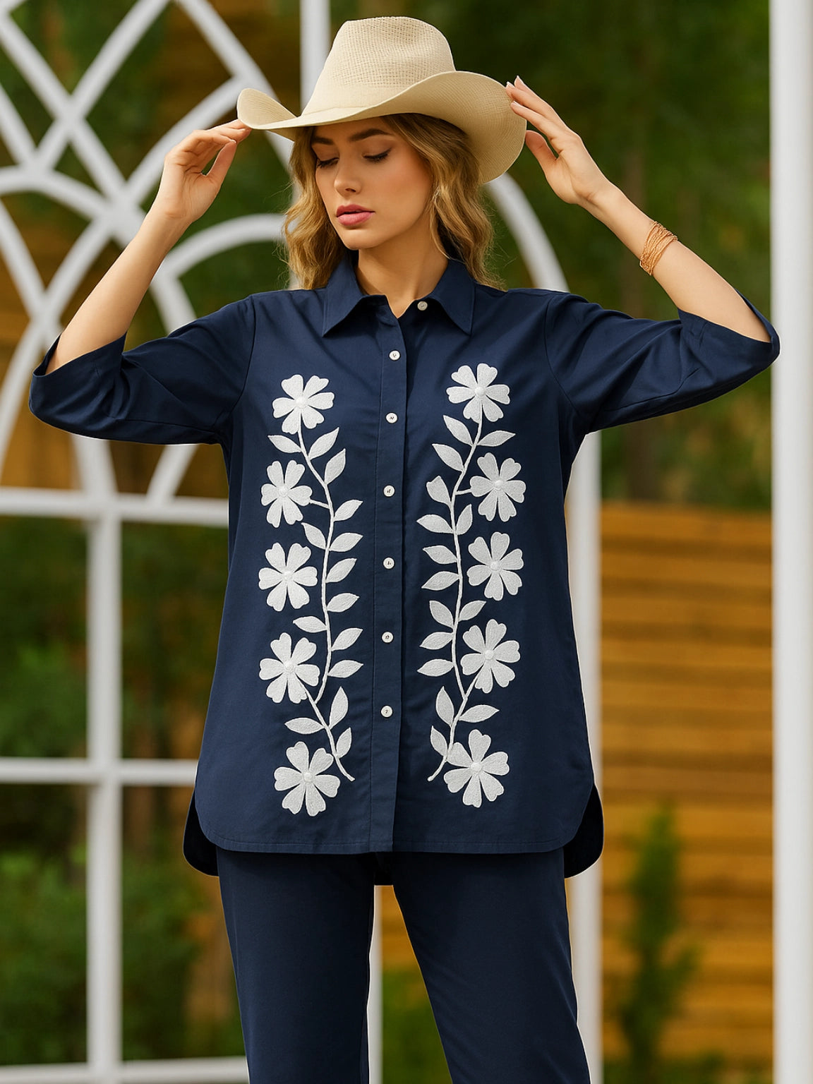Navy Blue Floral Embroidered Co-ord Set