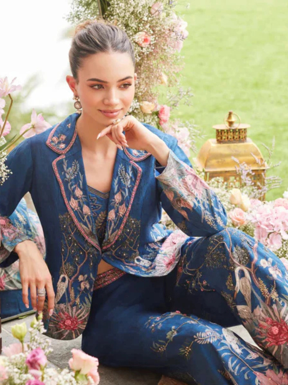 Indigo Embroidered Blazer, Bralette, and Palazzo Set