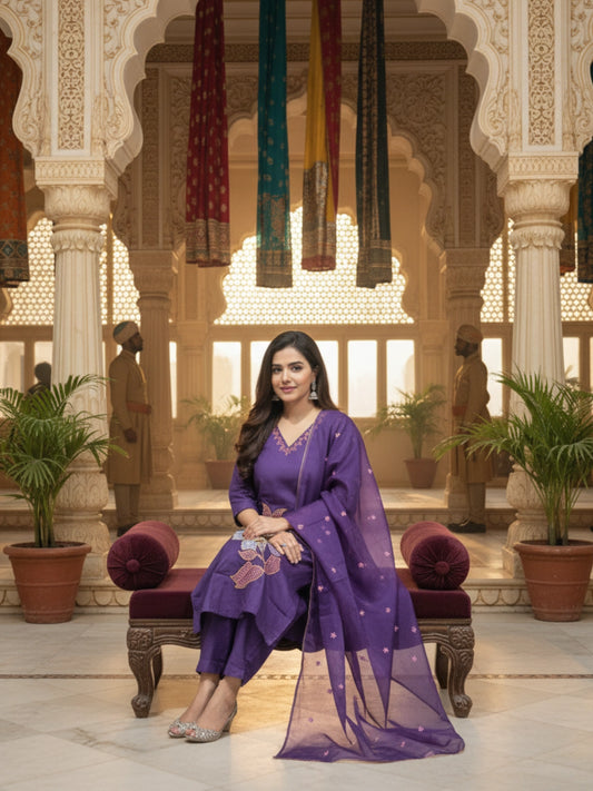 Vibrant Purple Floral Embroidered Kurta Set with Dupatta