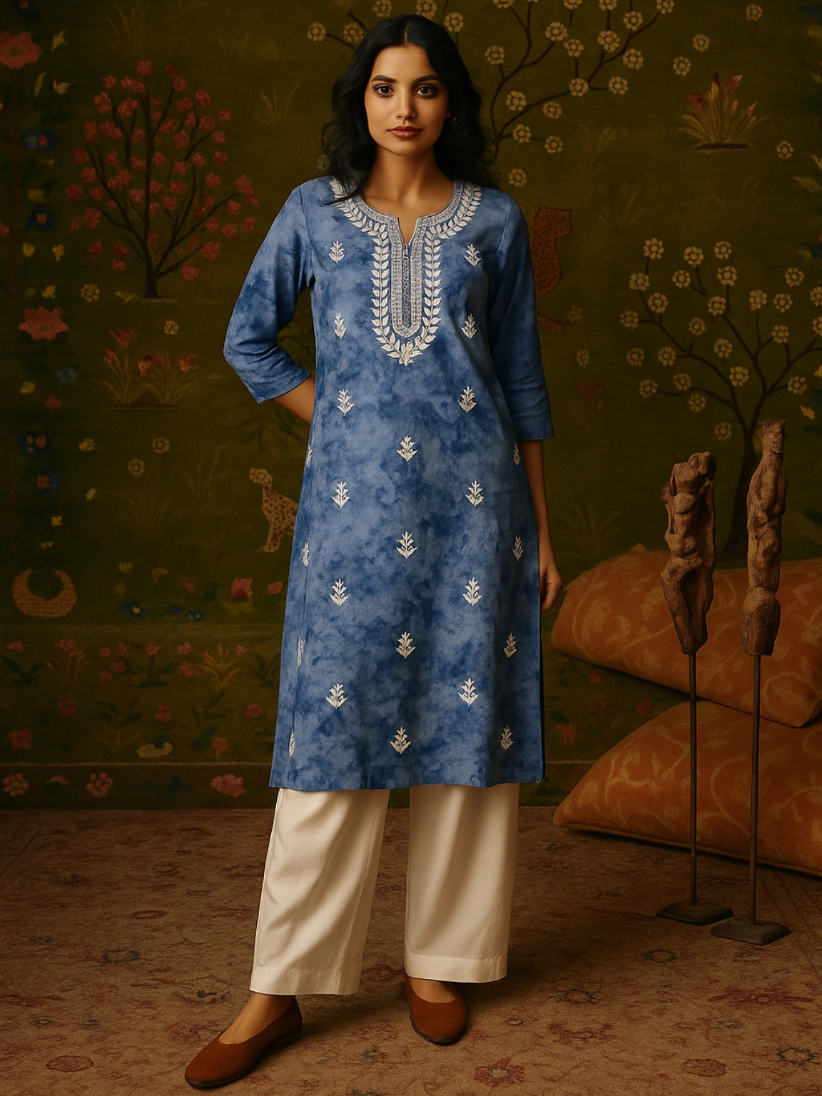 Blue Kurta Pant Set with White Embroidery