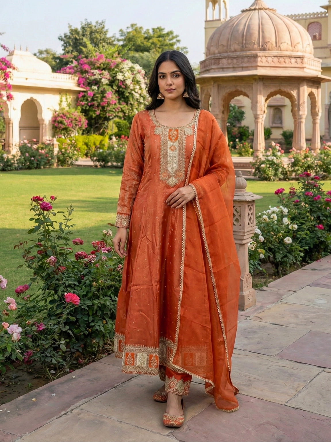 Burnt Orange Embroidered Anarkali Suit Set