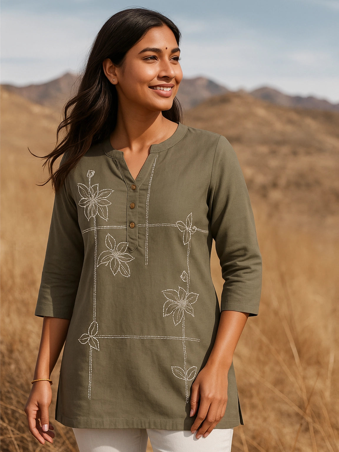 Olive Green Embroidered Kurti