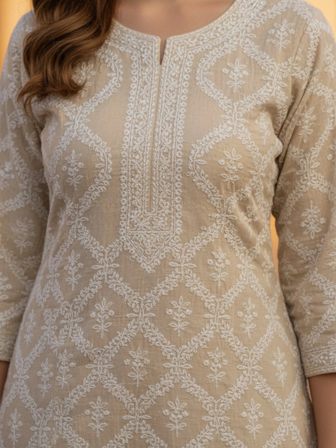 Beige & Cream Printed Cotton Kurta Set with Floral Dupatta