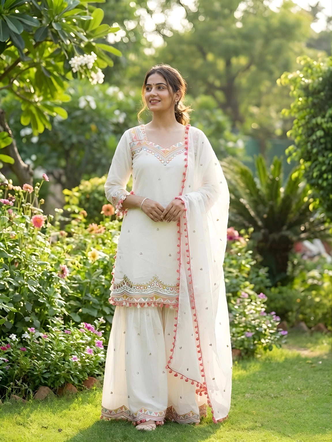 Off-White Embroidered Sharara Set with Pink Pom-Pom Accents