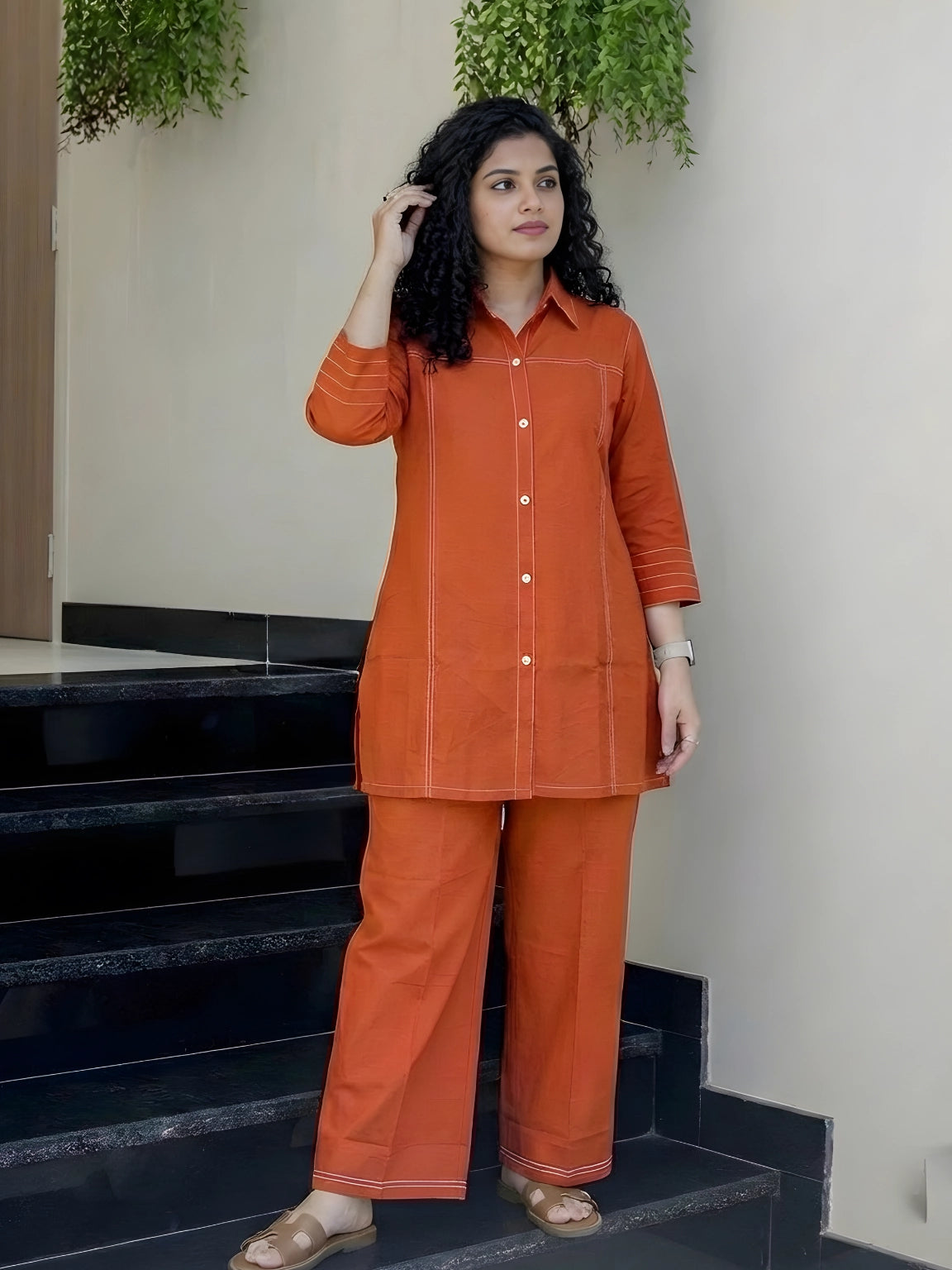 Burnt Orange Contrast Stitch Co-Ord Set