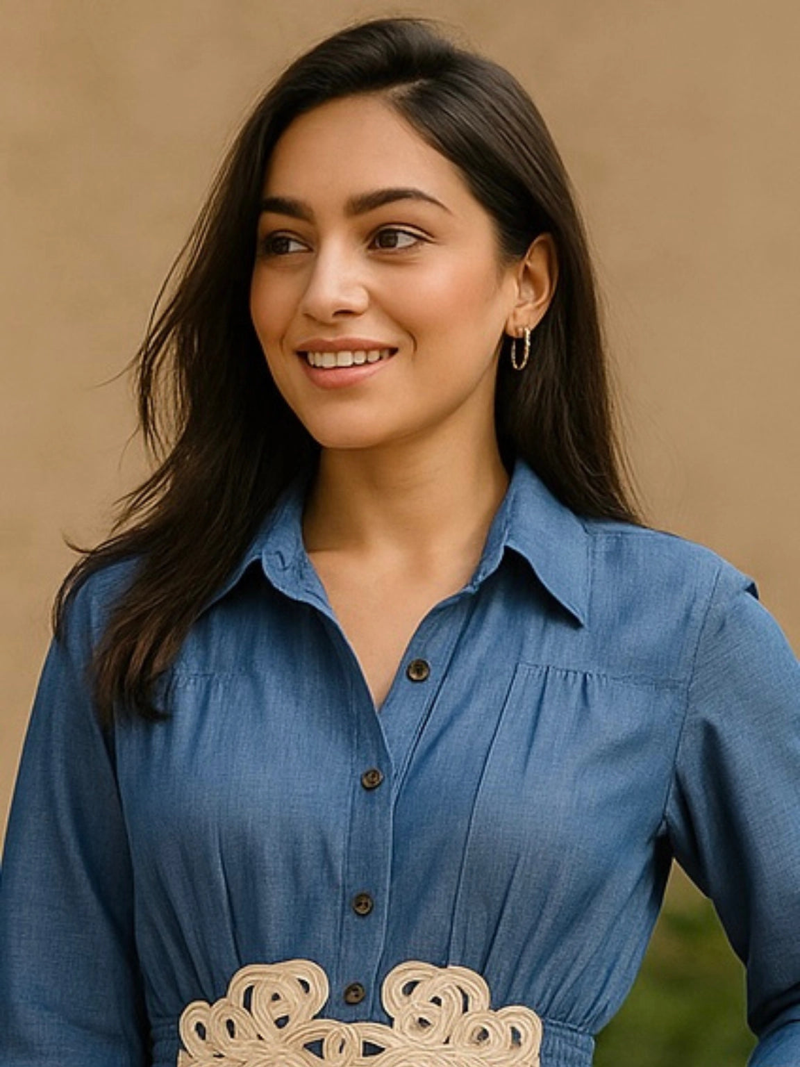 Denim-Look Shirt Dress with Embroidered Belt