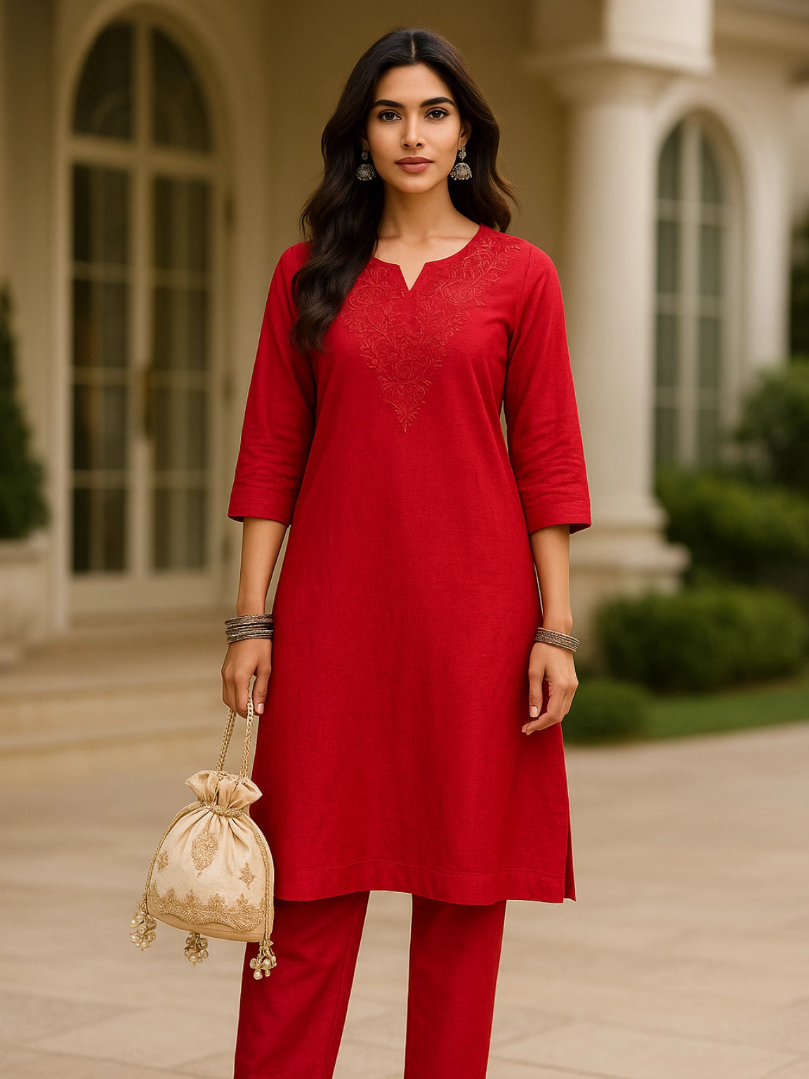 Classic Red Kurta Set with Tonal Embroidery