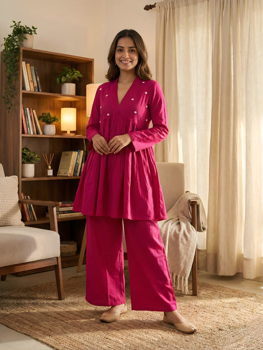 Magenta V-Neck Gathered Tunic and Palazzos Set
