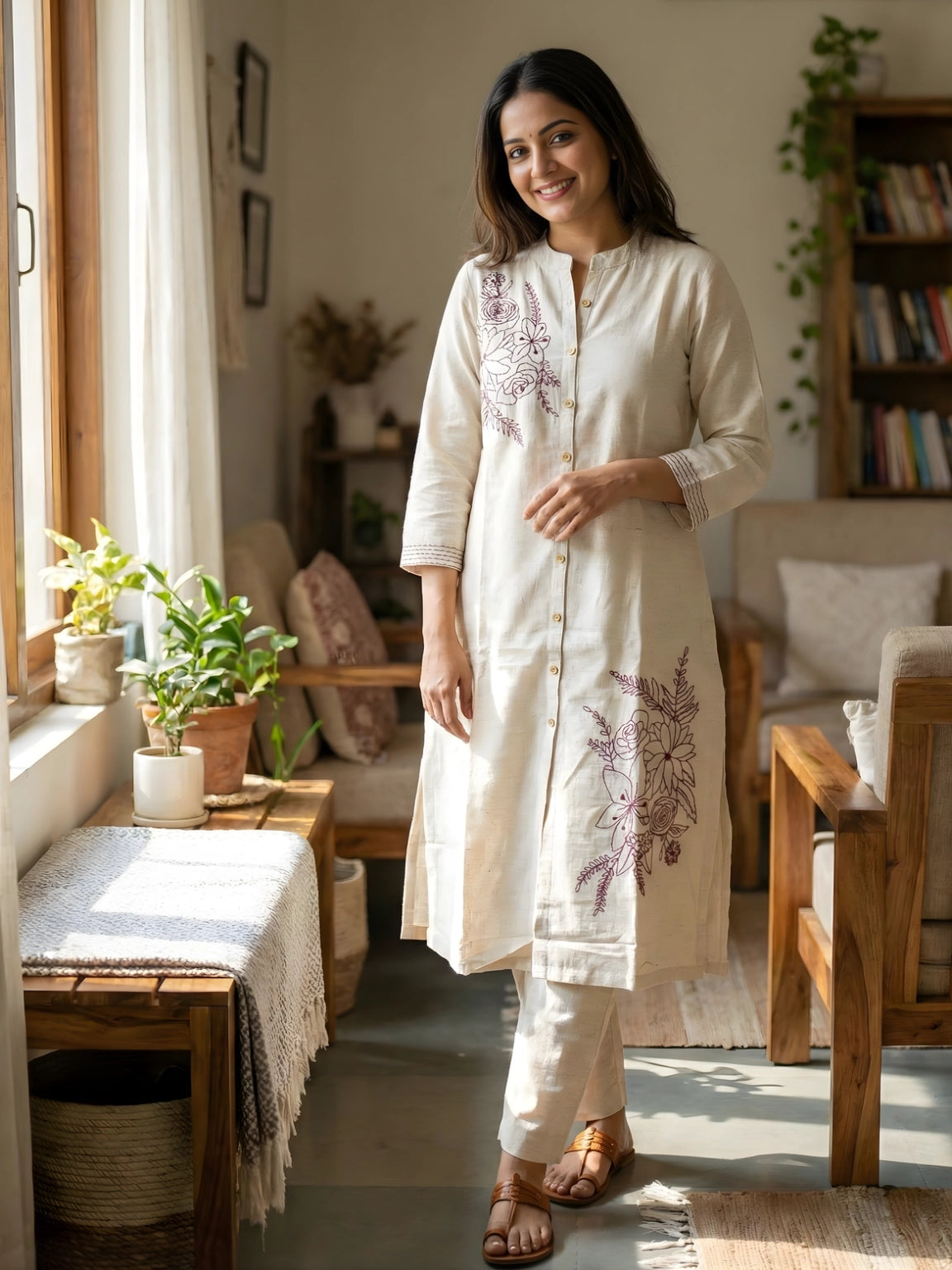 Floral Embroidered Kurta Pant Set – Off-White
