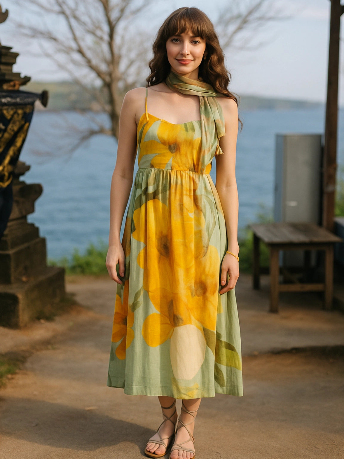 Sage Green Floral Viscose Midi Dress with Pure Chiffon Scarf