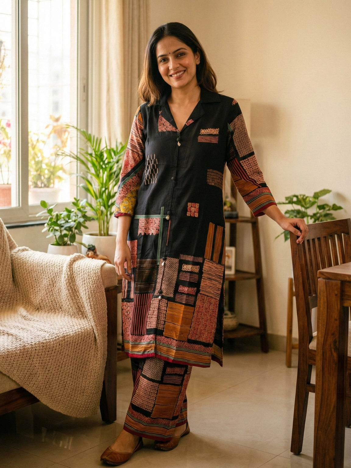 Abstract Patchwork Print Co-Ord Set – Midnight Black