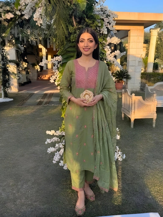 Sage Green Pink-Embroidered Kurta Set