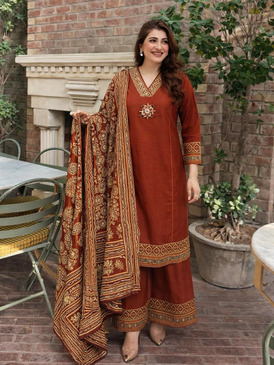Rust Elegance Embroidered Kurta Set with Dupatta