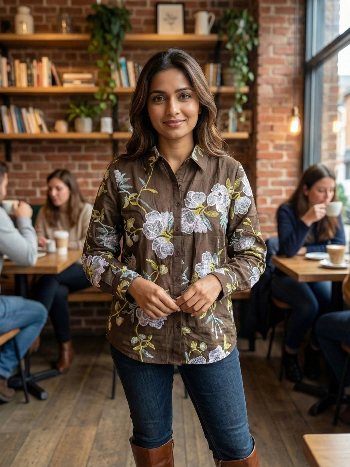 Espresso Brown Embroidered Floral Shirt