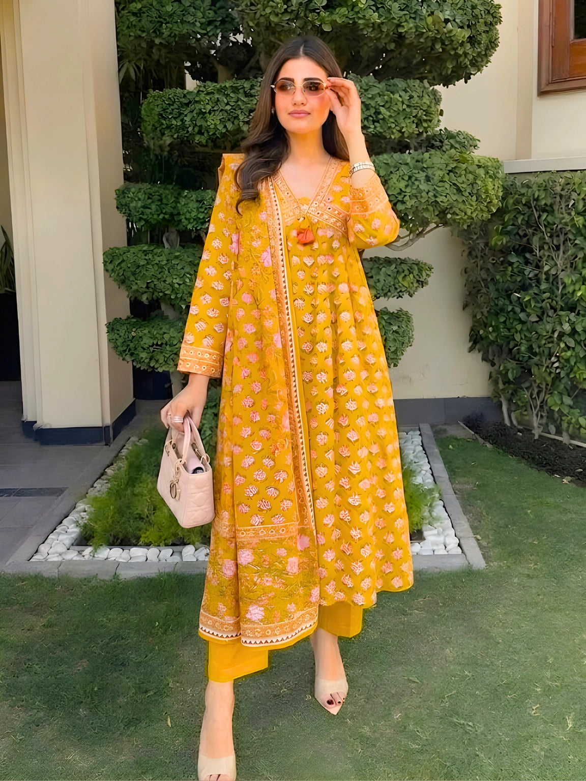 Mustard Yellow Floral Print Kurta Set with Dupatta
