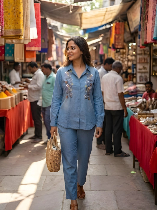 Floral Embroidered Chambray Co-Ord Set in Dusty Blue