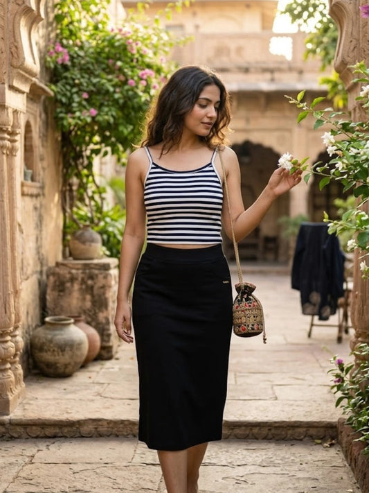 Jet Black Cotton Stretch Midi Skirt