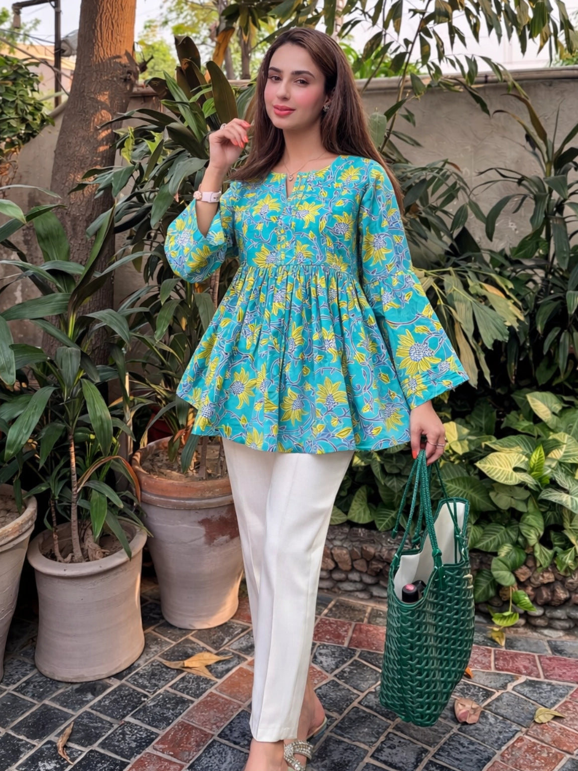 Turquoise Floral Peplum Kurti with Bell Sleeves