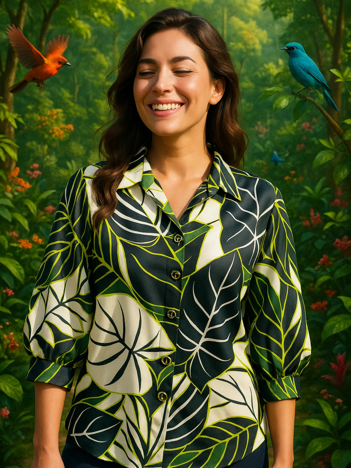 Green Leaf Print Shirt