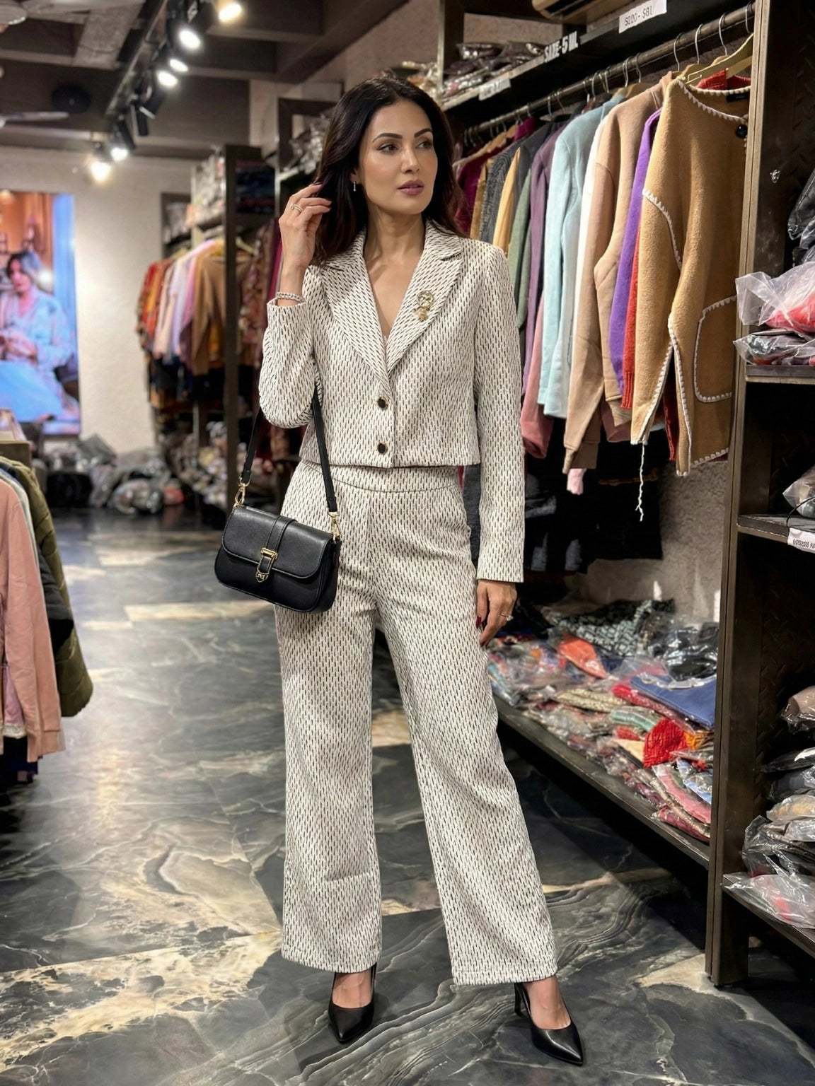 Cream & Black Geometric Print Co-ord Set