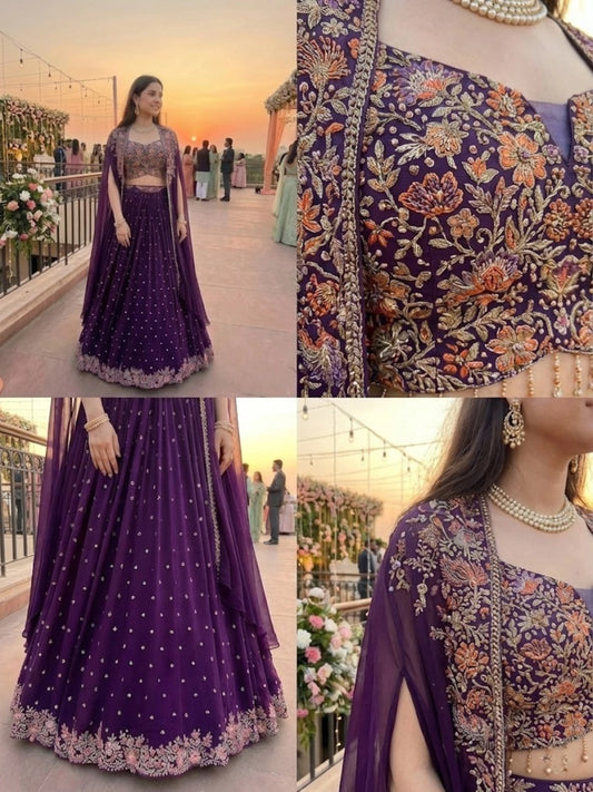 Deep Purple Floral Embroidered Cape Lehenga Set