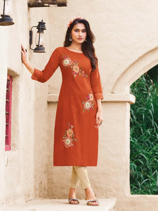 Rust Orange Rayon Kurti with Multi-Color Floral Embroidery