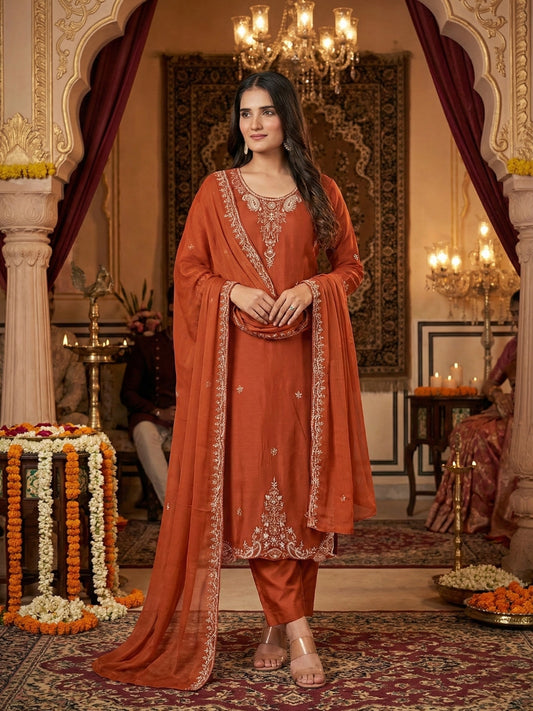 Rust Orange Embroidered Silk Suit Set
