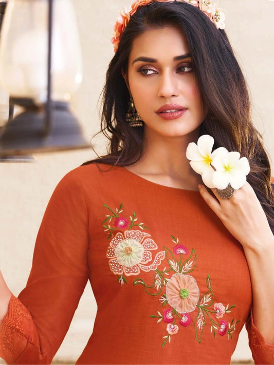 Rust Orange Rayon Kurti with Multi-Color Floral Embroidery