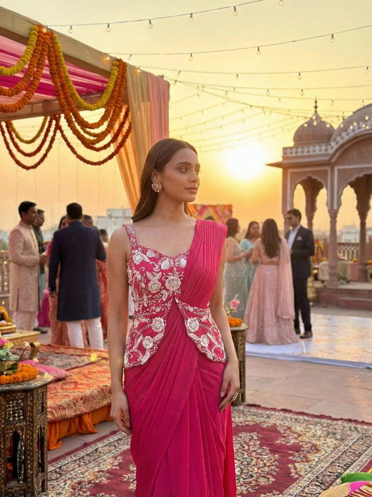 Hot Pink Embroidered Corset Fusion Saree Set
